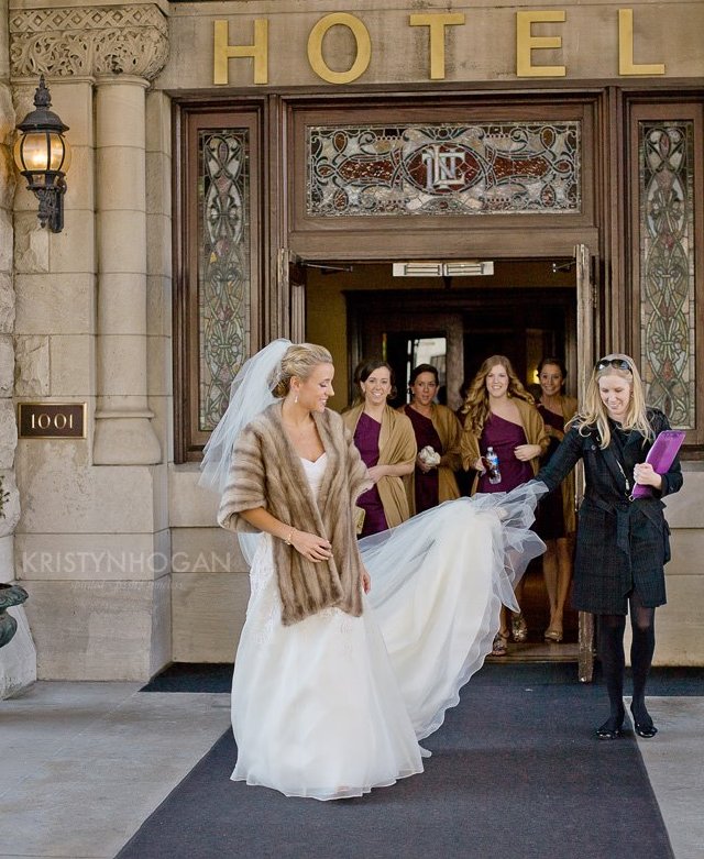 nashville, wedding, hotel, planner, fur coat, winter, one shoulder dress